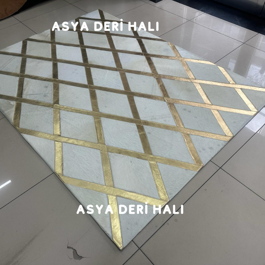 Beyaz Gold Geometrik Deri Halı