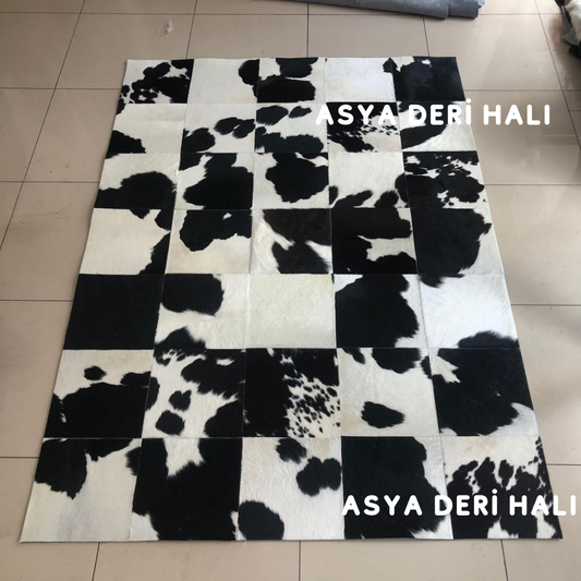 Siyah Beyaz Doğal Dana Derisi Halı